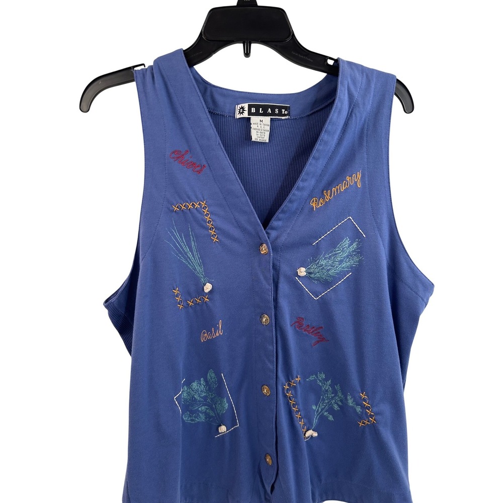 Blast Embroidered Herb Garden Vest Medium Blue Ribbed Knit Button Front Women